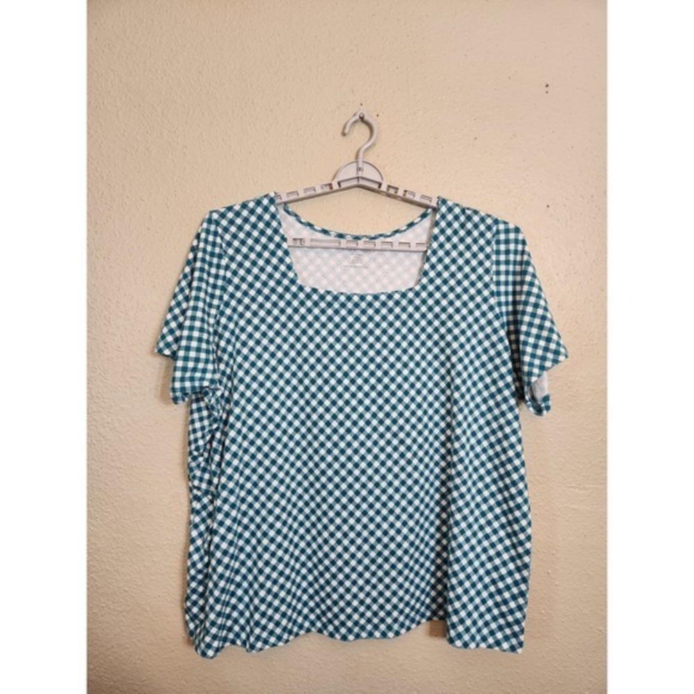 Jessica London Women's Green White Check Square Neck Short Sleeve T-Shirt 30/32